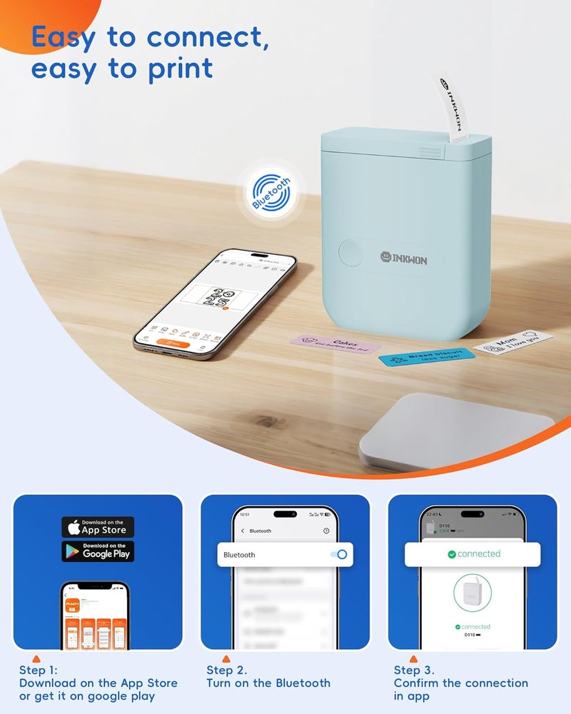 InkWon D110 Label Maker Machine with Tape, Bluetooth Mini Label Maker with Various Templates, Wireless Portable Small Label Printer for Home, Office, School, Blue - Image 3